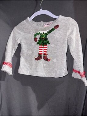 Little Lass Gray Long-Sleeve Elf Sequin Top with Red & Green Accents